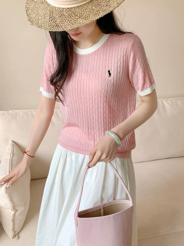 Braided Pattern Embroidery Color Contrast Knitted Top