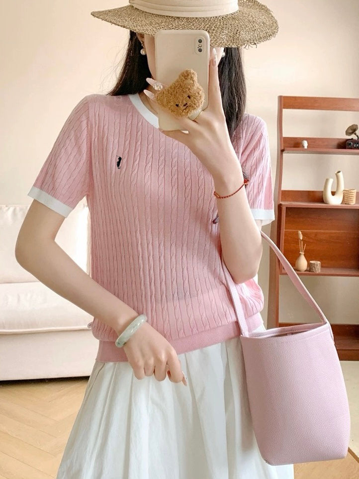 Braided Pattern Embroidery Color Contrast Knitted Top