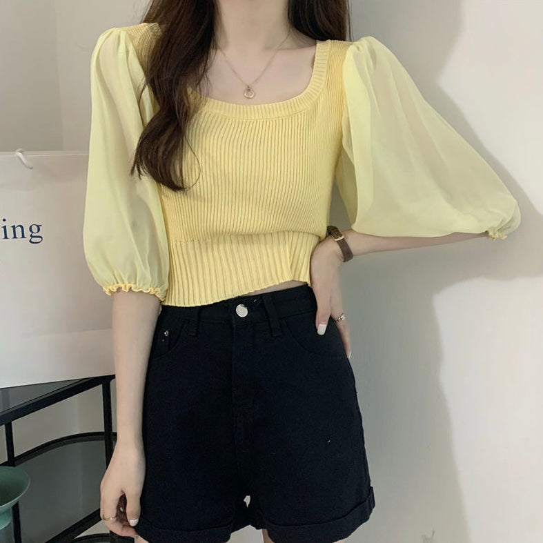 Square Neck Chiffon Sleeve Knitted Top