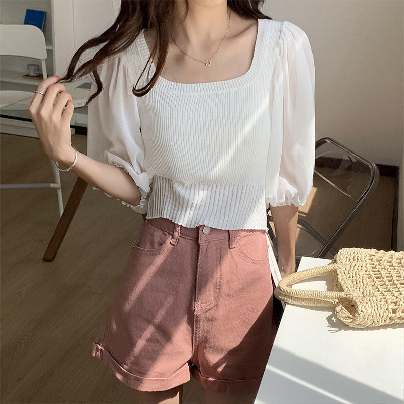 Square Neck Chiffon Sleeve Knitted Top