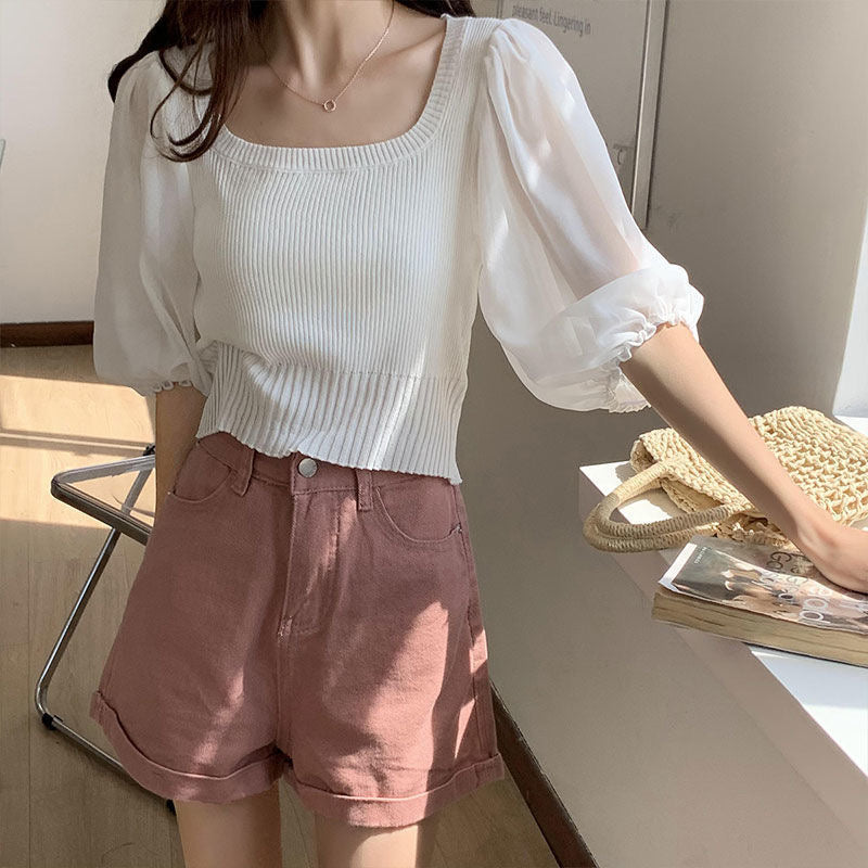 Square Neck Chiffon Sleeve Knitted Top