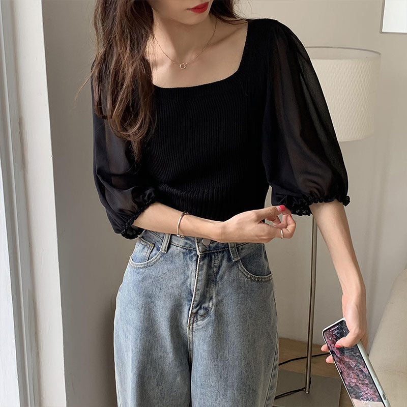 Square Neck Chiffon Sleeve Knitted Top