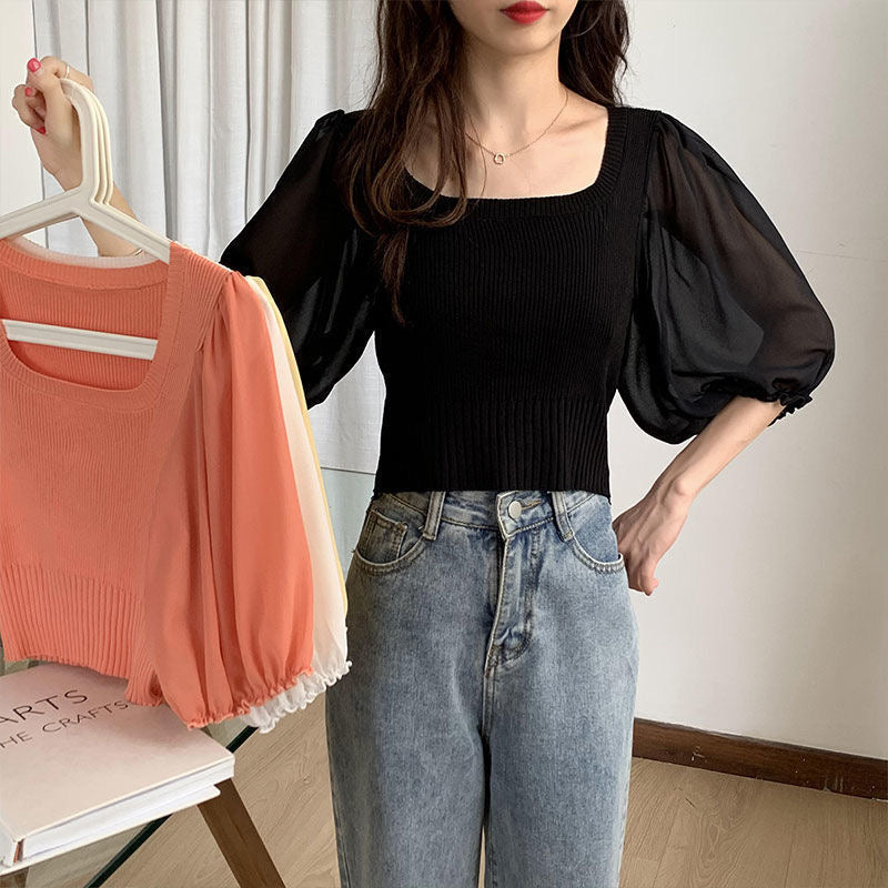 Square Neck Chiffon Sleeve Knitted Top