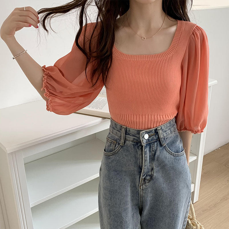 Square Neck Chiffon Sleeve Knitted Top