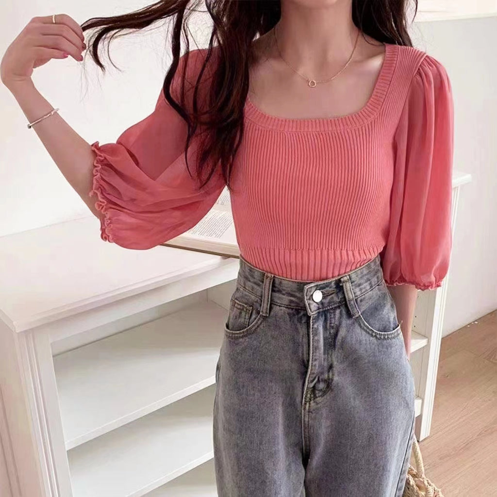 Square Neck Chiffon Sleeve Knitted Top