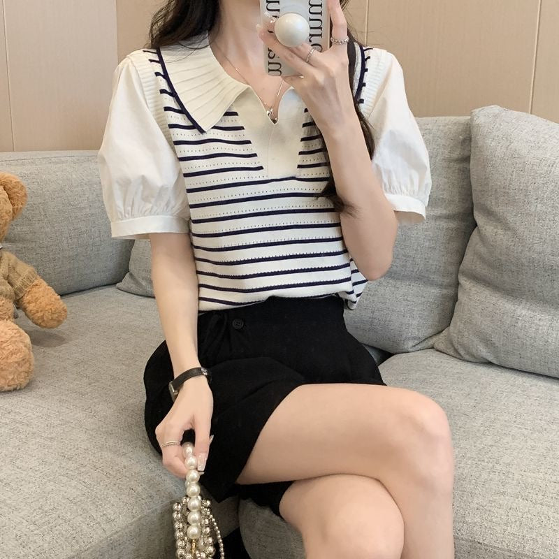 Embossed Collar Neck Chiffon Sleeve Stripe Knitted Top