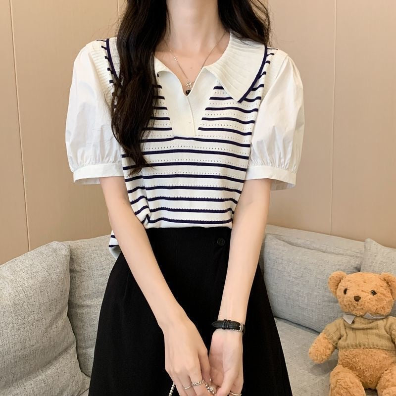 Embossed Collar Neck Chiffon Sleeve Stripe Knitted Top