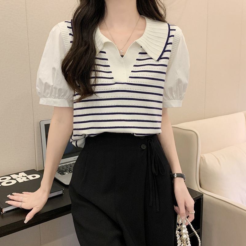 Embossed Collar Neck Chiffon Sleeve Stripe Knitted Top