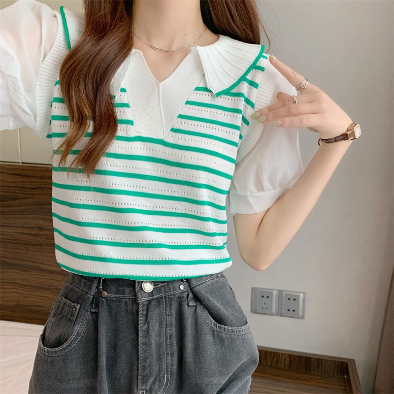 Embossed Collar Neck Chiffon Sleeve Stripe Knitted Top