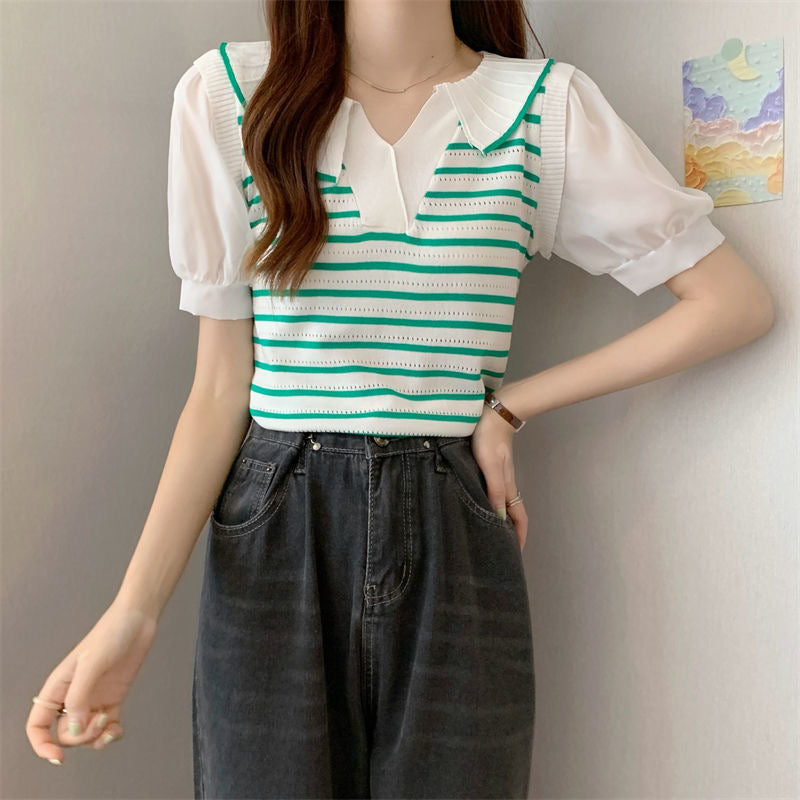 Embossed Collar Neck Chiffon Sleeve Stripe Knitted Top