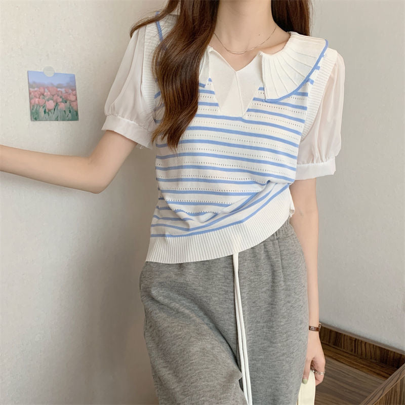 Embossed Collar Neck Chiffon Sleeve Stripe Knitted Top