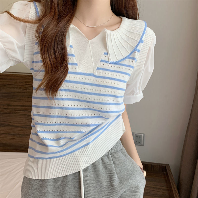 Embossed Collar Neck Chiffon Sleeve Stripe Knitted Top