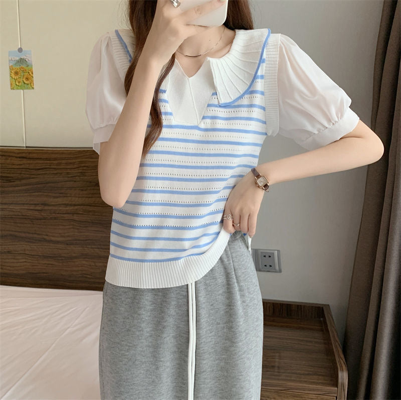 Embossed Collar Neck Chiffon Sleeve Stripe Knitted Top