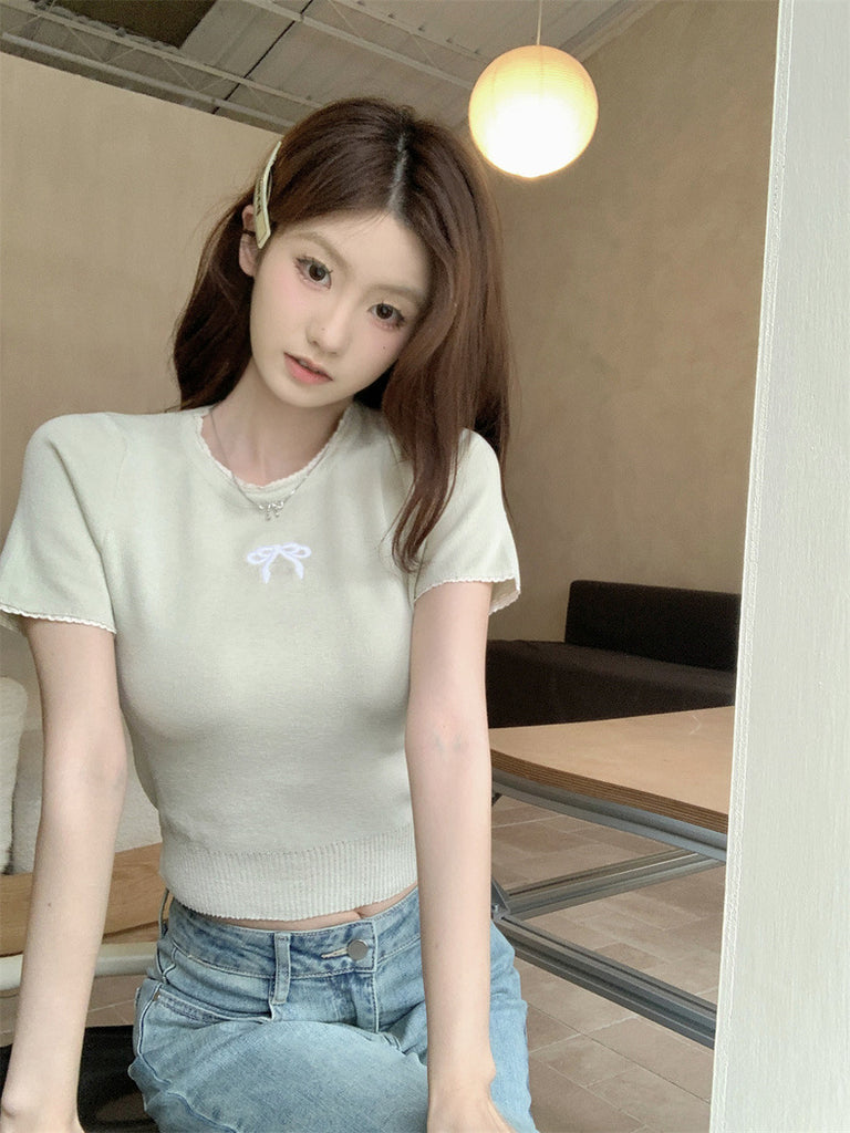 Lace Trim Embroidery Bowknot Knitted Top