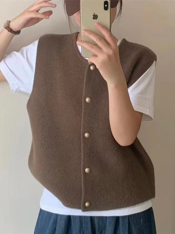 Premium Button Down Round Neck Woolen Knitted Loose Vest Top