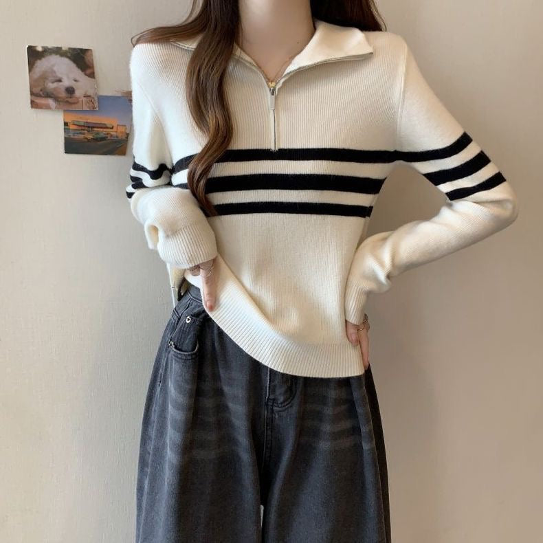 Zipper Up Polo Neck Stripe Long Sleeve Knitted Top