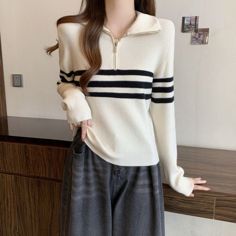 Zipper Up Polo Neck Stripe Long Sleeve Knitted Top