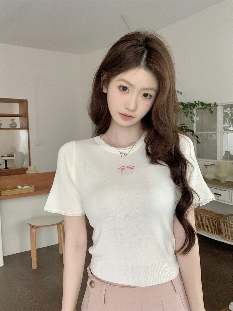 Lace Trim Embroidery Bowknot Knitted Top