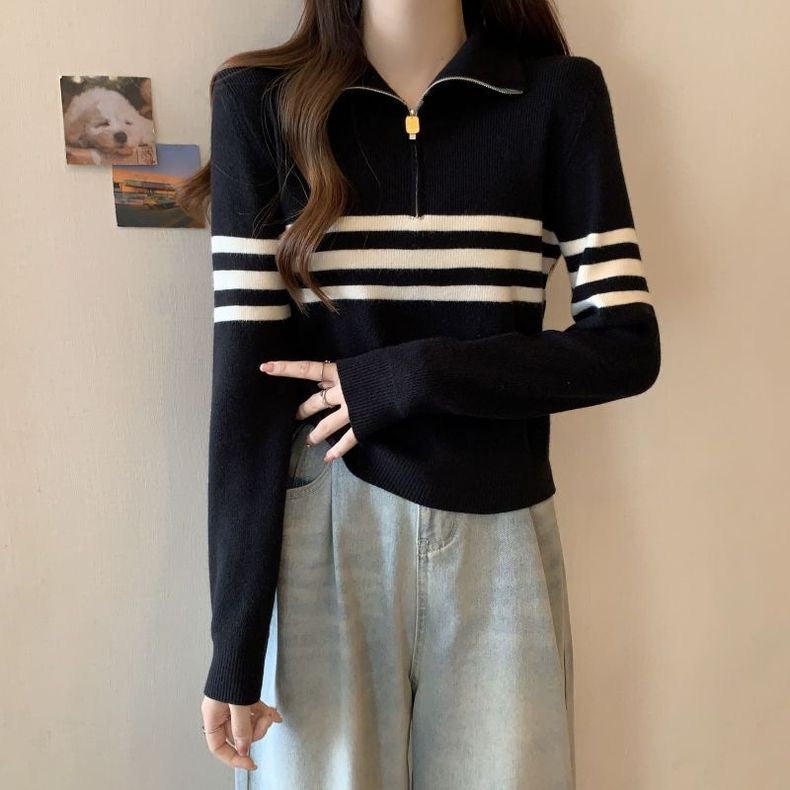 Zipper Up Polo Neck Stripe Long Sleeve Knitted Top