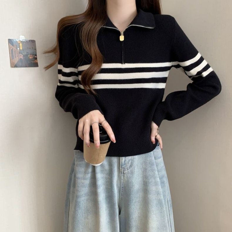 Zipper Up Polo Neck Stripe Long Sleeve Knitted Top