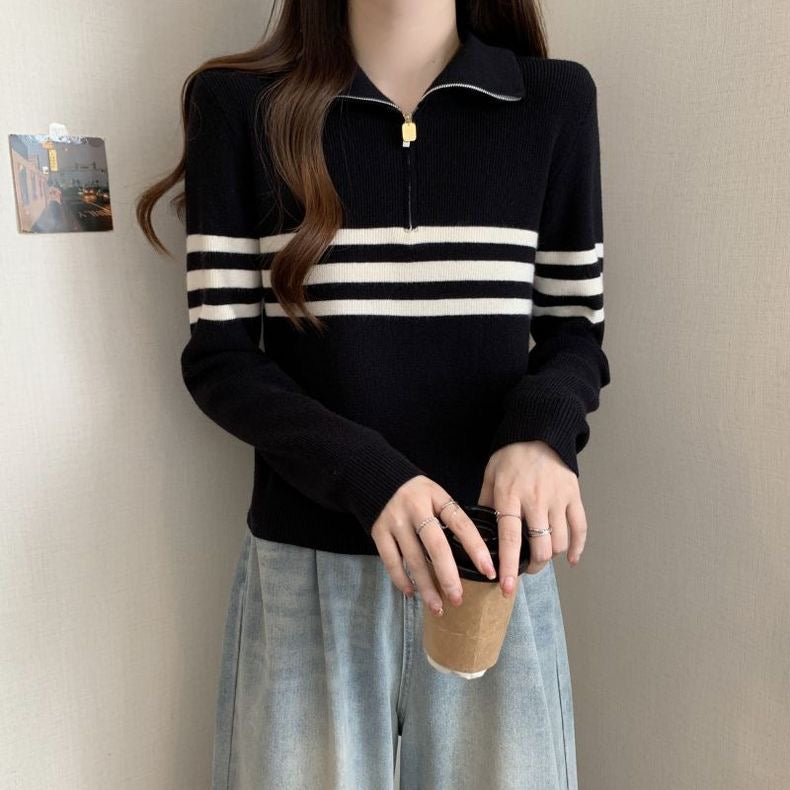 Zipper Up Polo Neck Stripe Long Sleeve Knitted Top