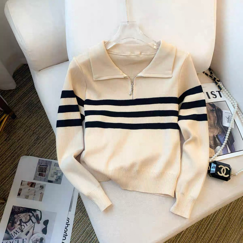 Zipper Up Polo Neck Stripe Long Sleeve Knitted Top