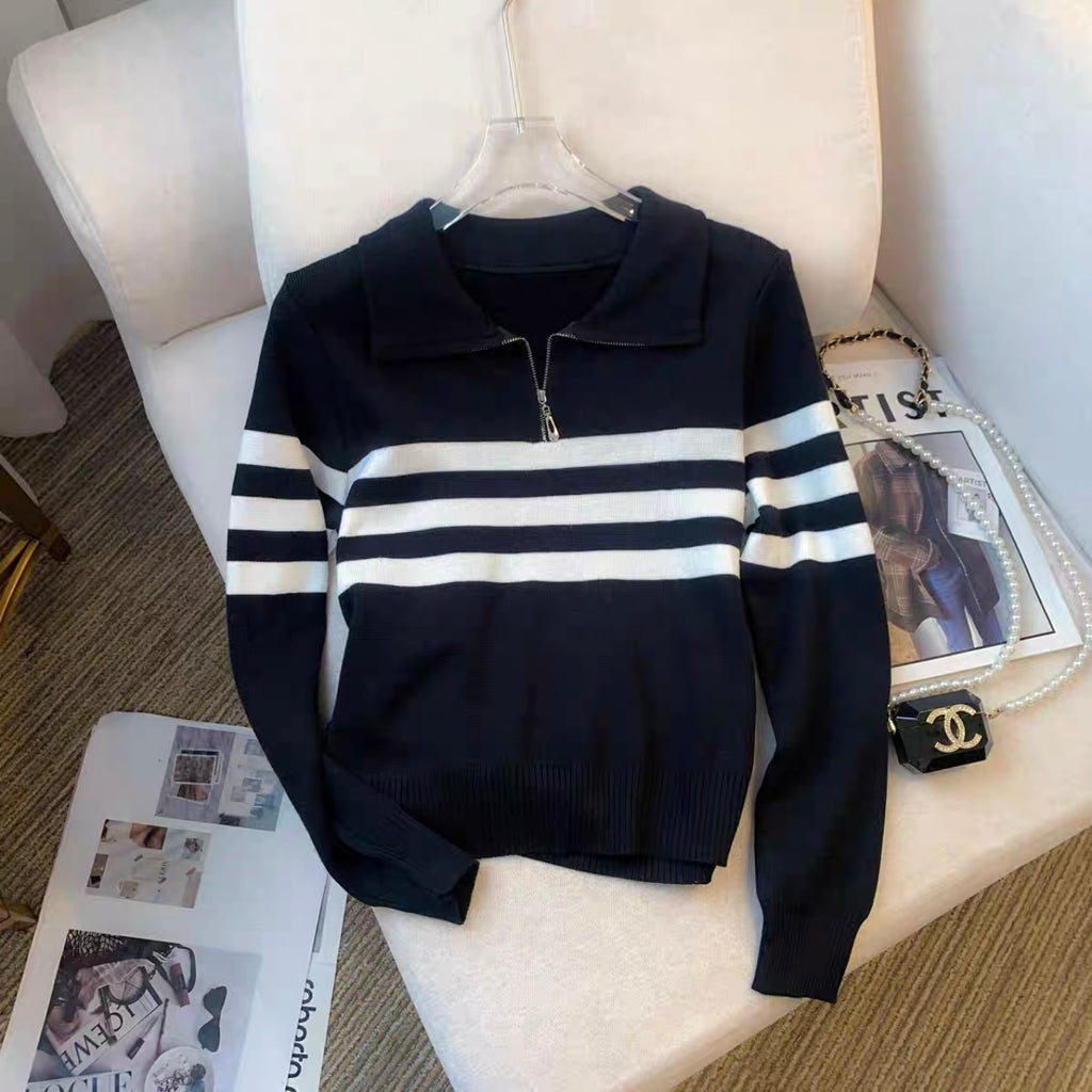 Zipper Up Polo Neck Stripe Long Sleeve Knitted Top