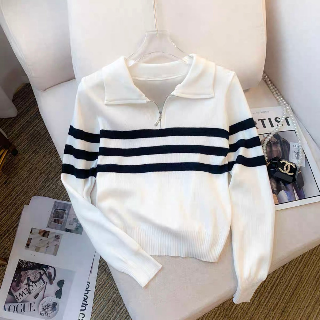 Zipper Up Polo Neck Stripe Long Sleeve Knitted Top