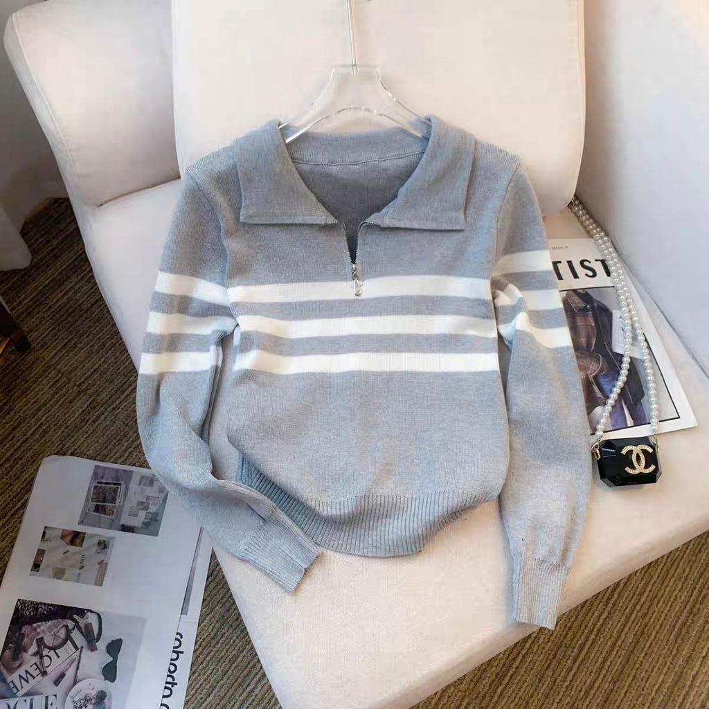 Zipper Up Polo Neck Stripe Long Sleeve Knitted Top