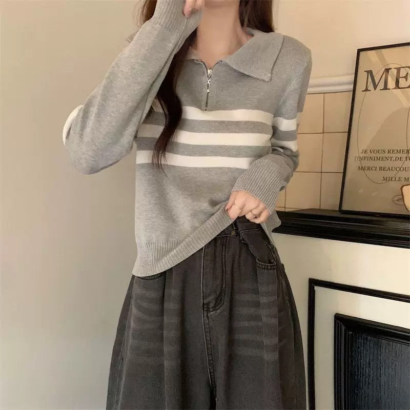 Zipper Up Polo Neck Stripe Long Sleeve Knitted Top