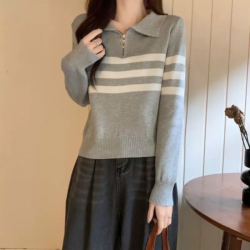 Zipper Up Polo Neck Stripe Long Sleeve Knitted Top