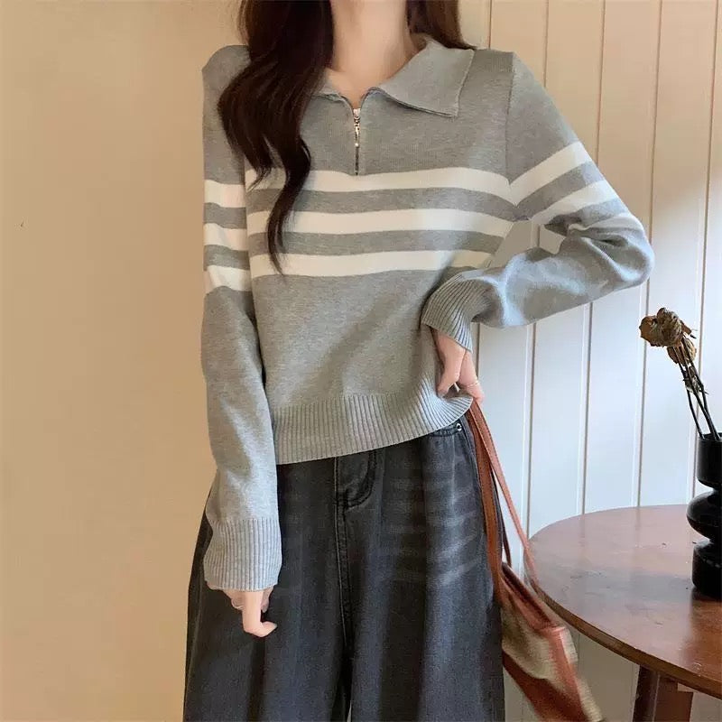 Zipper Up Polo Neck Stripe Long Sleeve Knitted Top