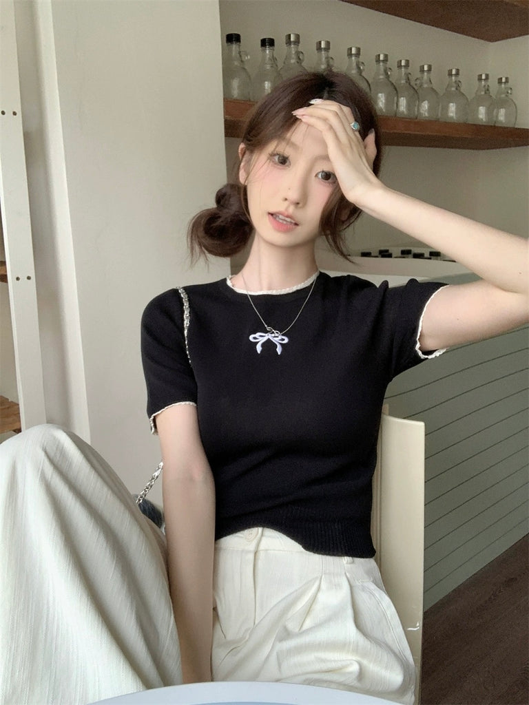 Lace Trim Embroidery Bowknot Knitted Top