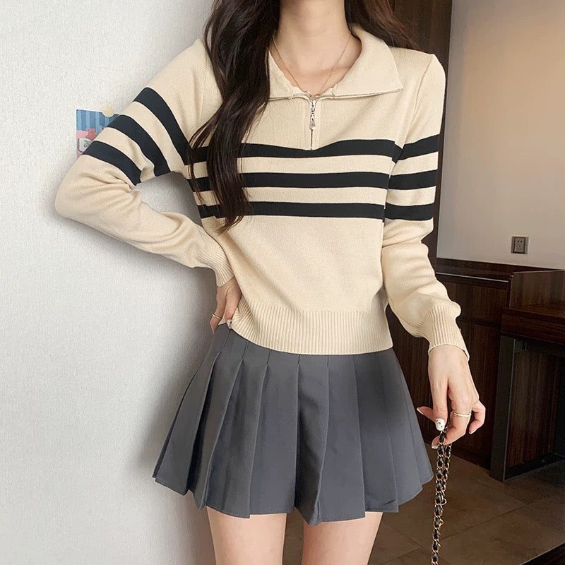 Zipper Up Polo Neck Stripe Long Sleeve Knitted Top