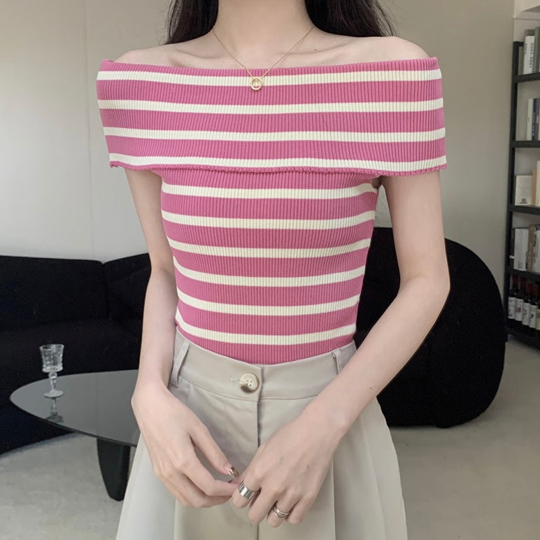 Fold-over Off Shoulder Stripe Knitted Top