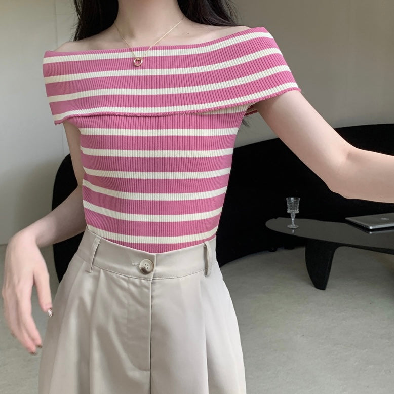 Fold-over Off Shoulder Stripe Knitted Top