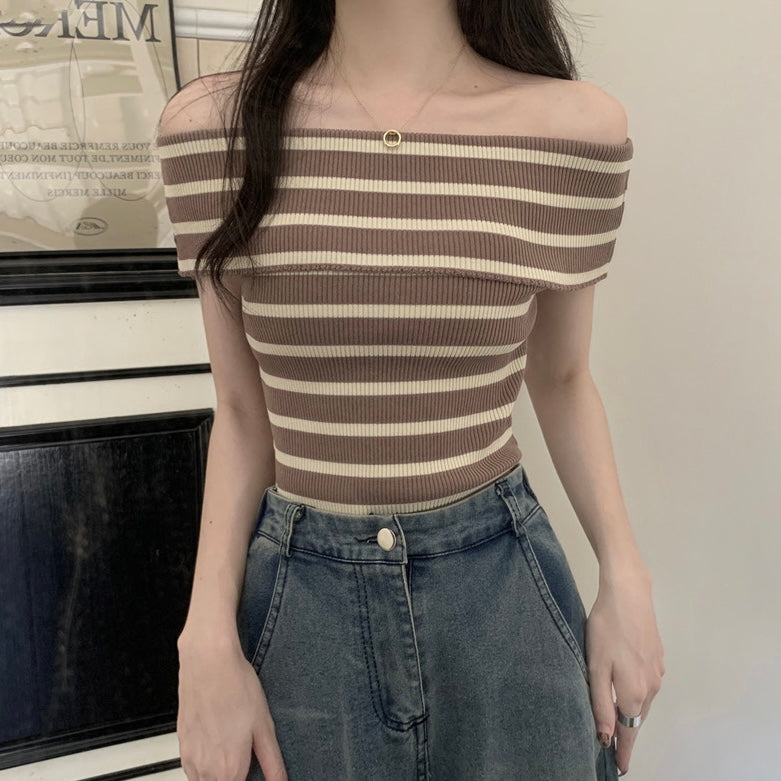 Fold-over Off Shoulder Stripe Knitted Top