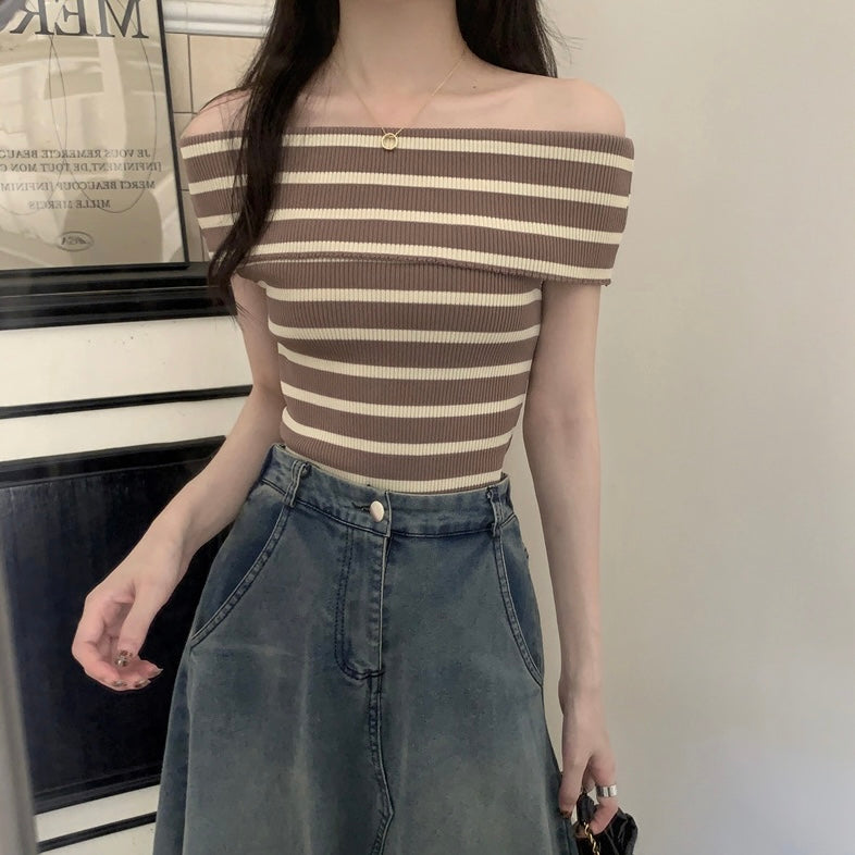 Fold-over Off Shoulder Stripe Knitted Top