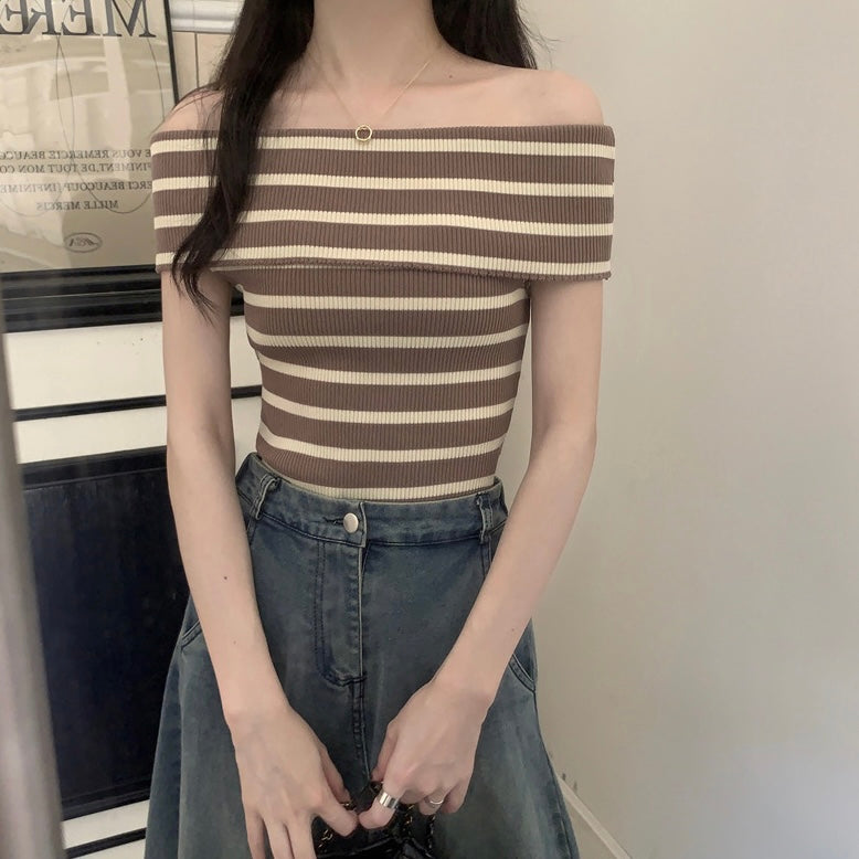 Fold-over Off Shoulder Stripe Knitted Top