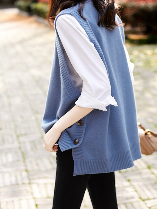 Side Button Down High Low Hem Woolen Knitted Top