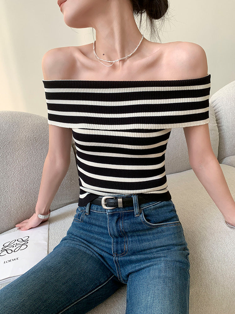 Fold-over Off Shoulder Stripe Knitted Top