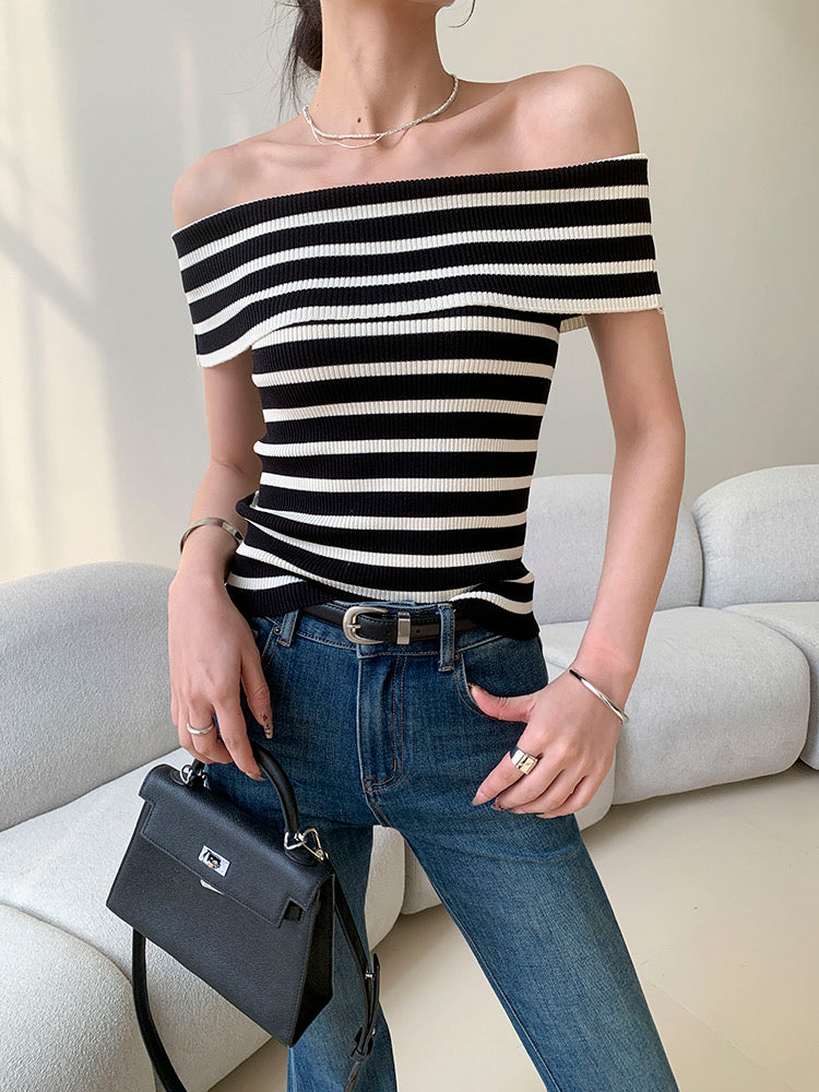 Fold-over Off Shoulder Stripe Knitted Top