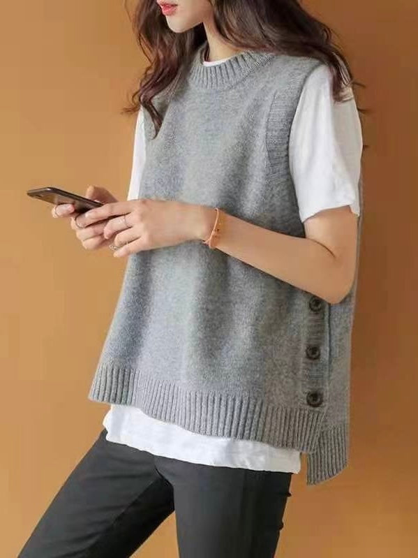 Side Button Down High Low Hem Woolen Knitted Top