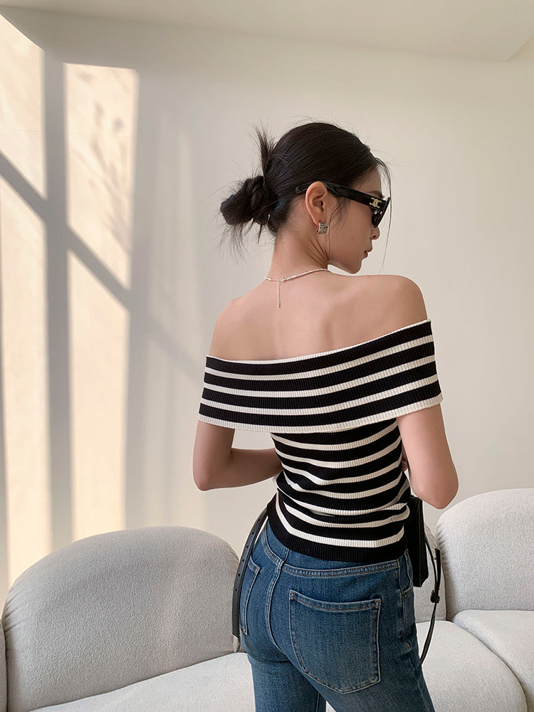 Fold-over Off Shoulder Stripe Knitted Top