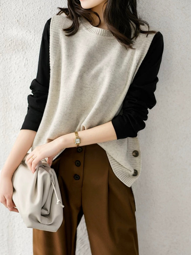 Side Button Down High Low Hem Woolen Knitted Top