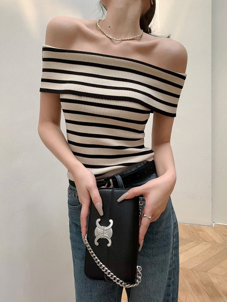 Fold-over Off Shoulder Stripe Knitted Top