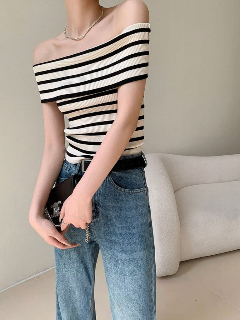 Fold-over Off Shoulder Stripe Knitted Top