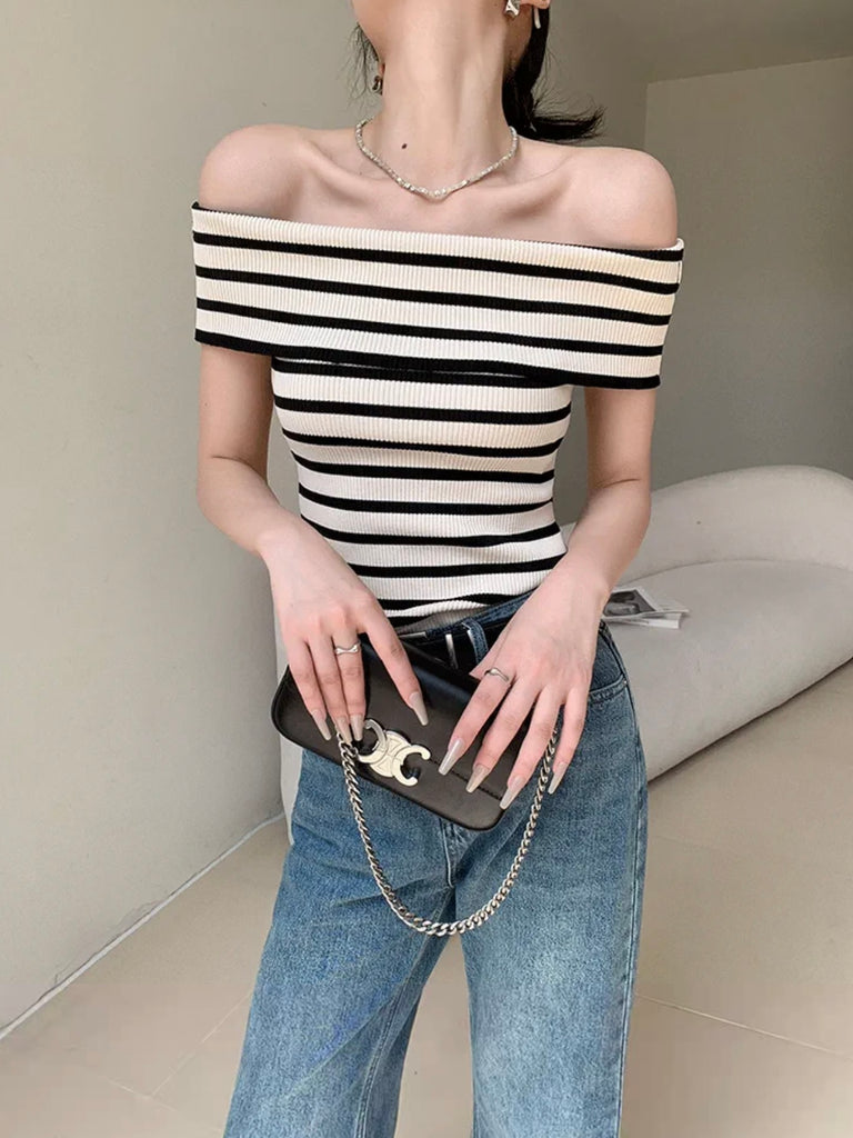 Fold-over Off Shoulder Stripe Knitted Top