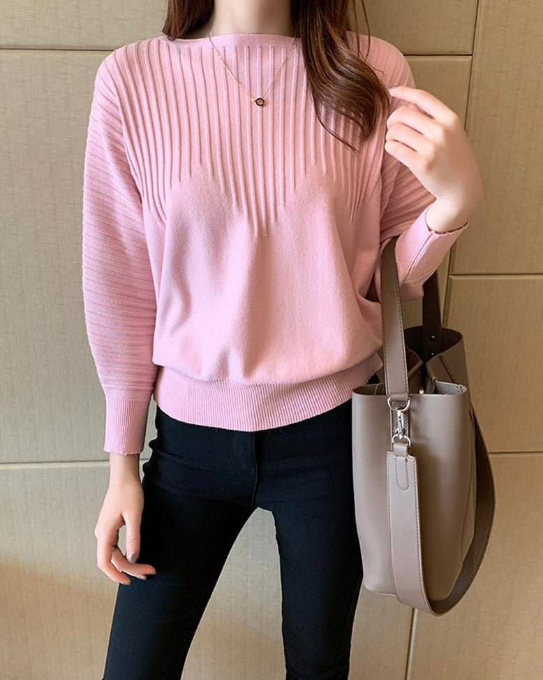 Embossed Soft Knitted Batwing Long Sleeve Oversize Top