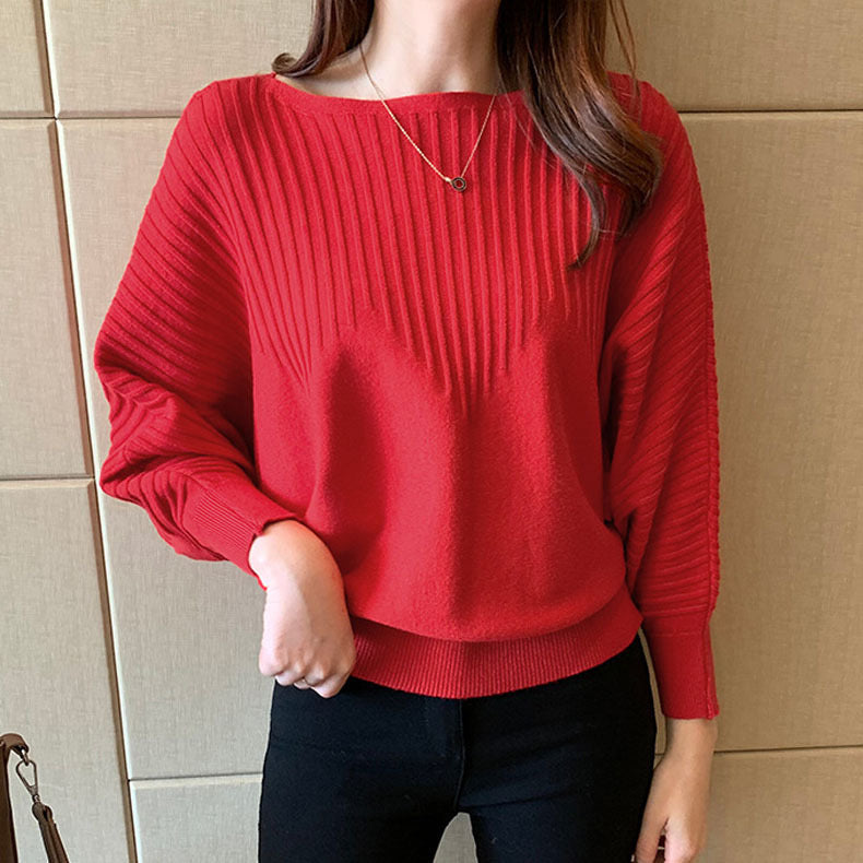 Embossed Soft Knitted Batwing Long Sleeve Oversize Top